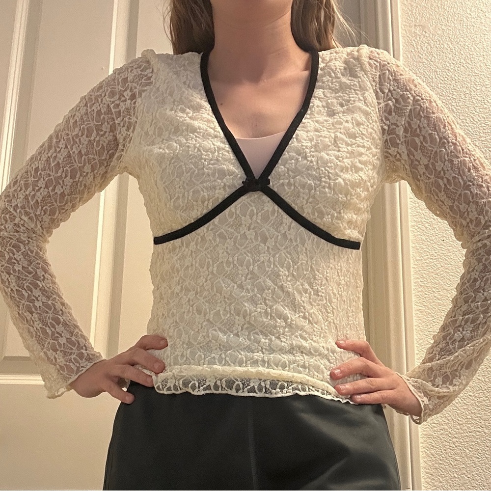 Lace V-Neck Blouse - Cream and Black